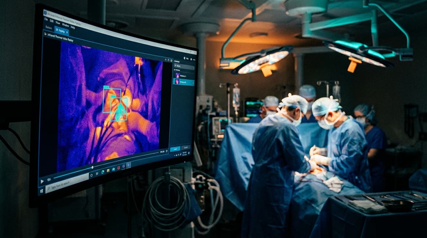 Operating room display showing anonymized thermal replay of surgical procedure
