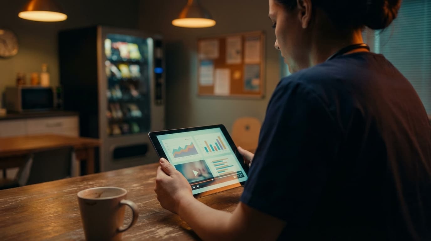 Nurse reviewing procedure statistics and compliance data on a tablet